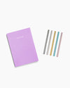 The Lavender Concept Planner and Prism Roller ball pen set on a white background. 