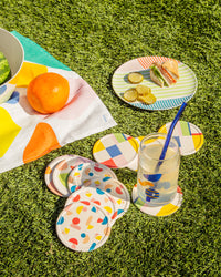 Poketo Tea Towel with drinking glass straw, and bamboo coasters & plate